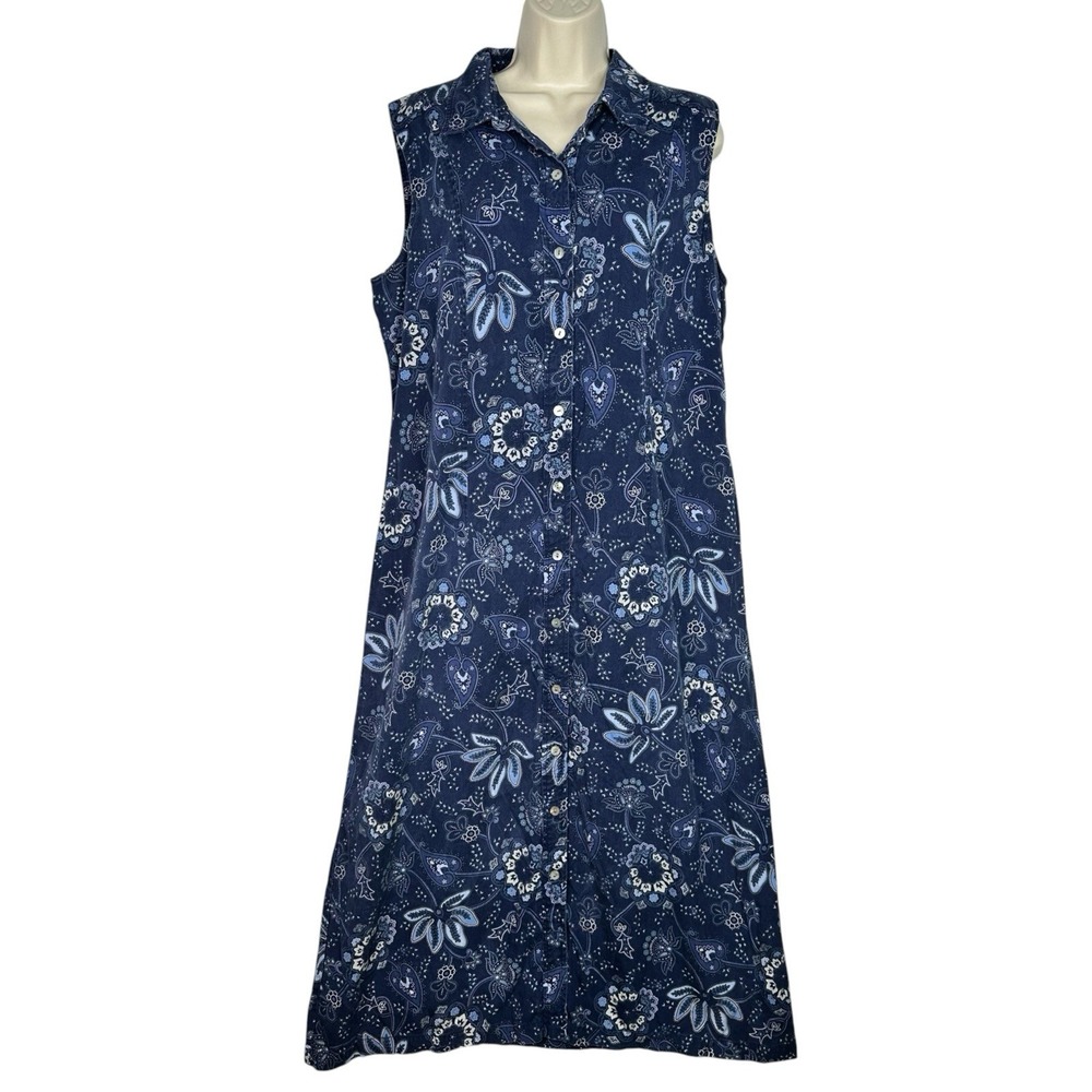 Talbots Paisley Maxi Dress Womens 16 Tencel Rayon Navy Button Front Sleeveless